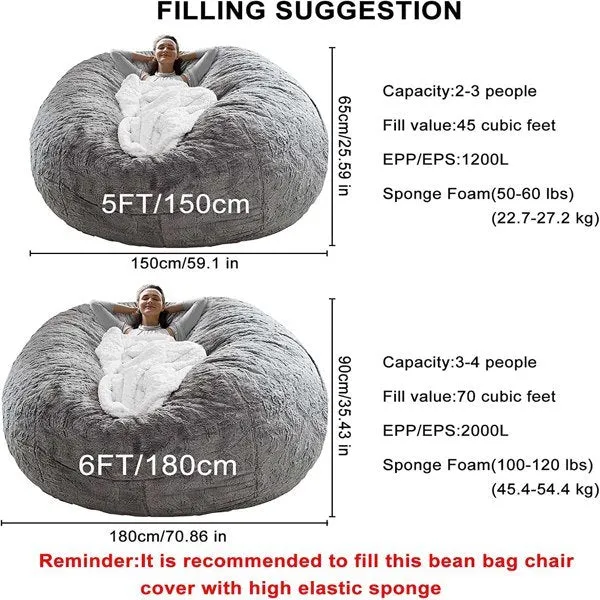 Bag Chair Cover(it was only a Cover; not a Full Bean Bag) Chair Cushion; Big Round Soft Fluffy PV Velvet Sofa Bed Cover; Living Room Furniture; Lazy Sofa Bed Cover; 5ft Dark Grey