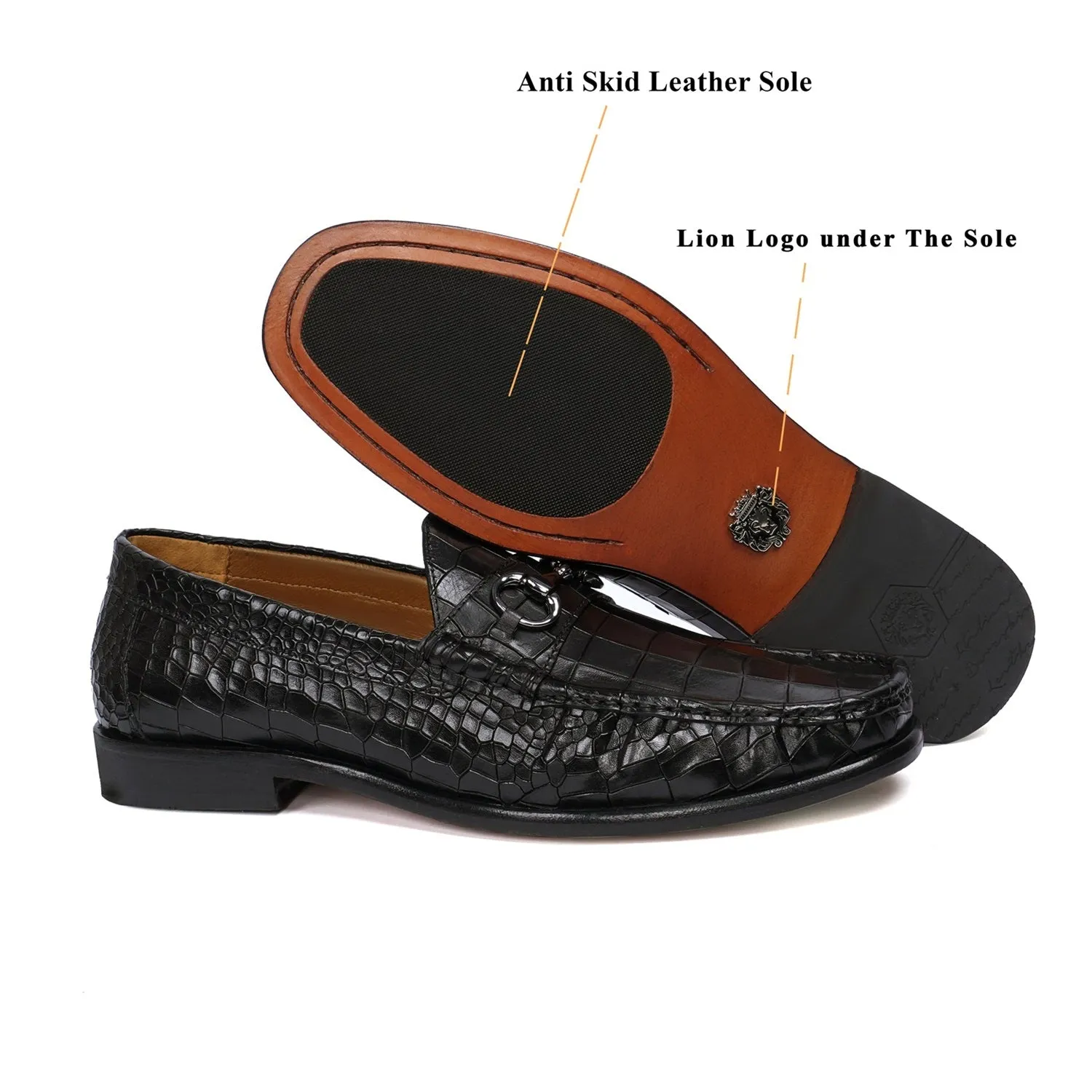 Black Croco Textured Leather Loafer With Horsebit Silver Detailing