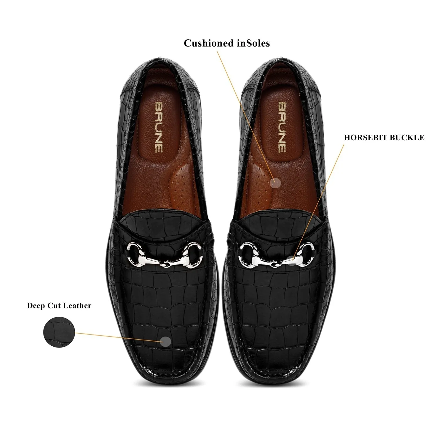Black Croco Textured Leather Loafer With Horsebit Silver Detailing