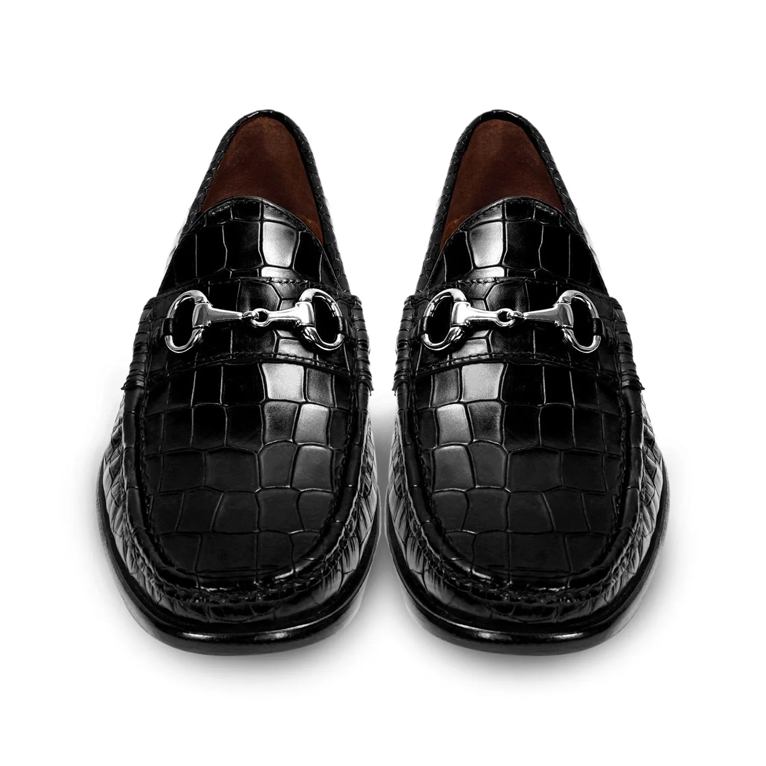 Black Croco Textured Leather Loafer With Horsebit Silver Detailing