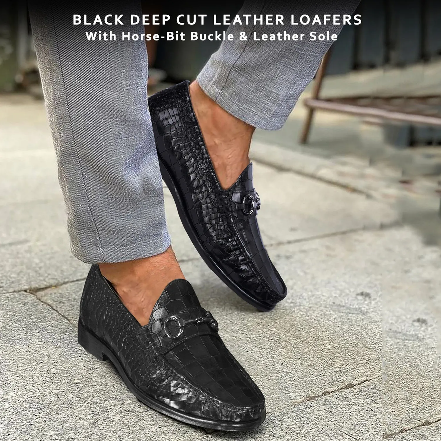Black Croco Textured Leather Loafer With Horsebit Silver Detailing
