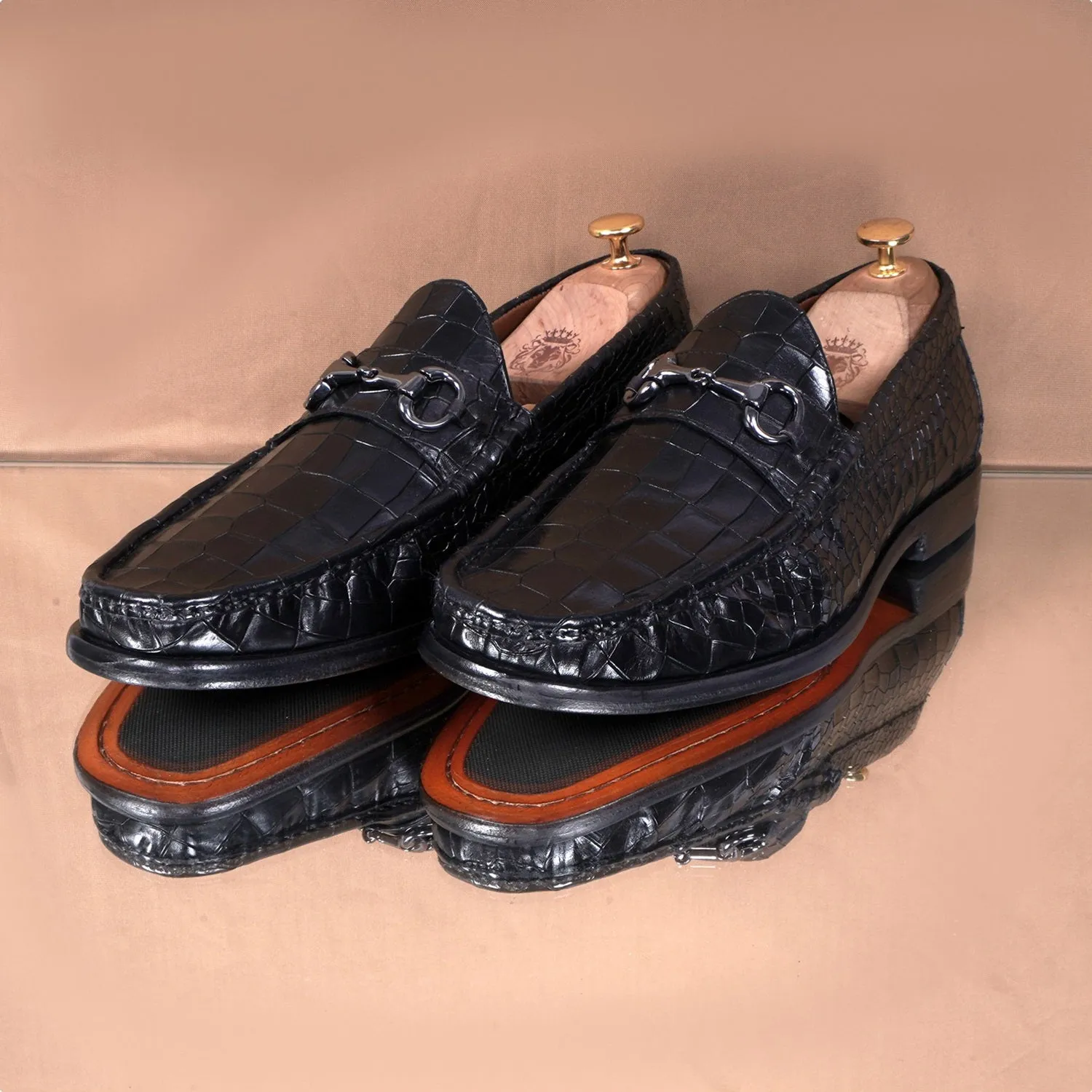 Black Croco Textured Leather Loafer With Horsebit Silver Detailing