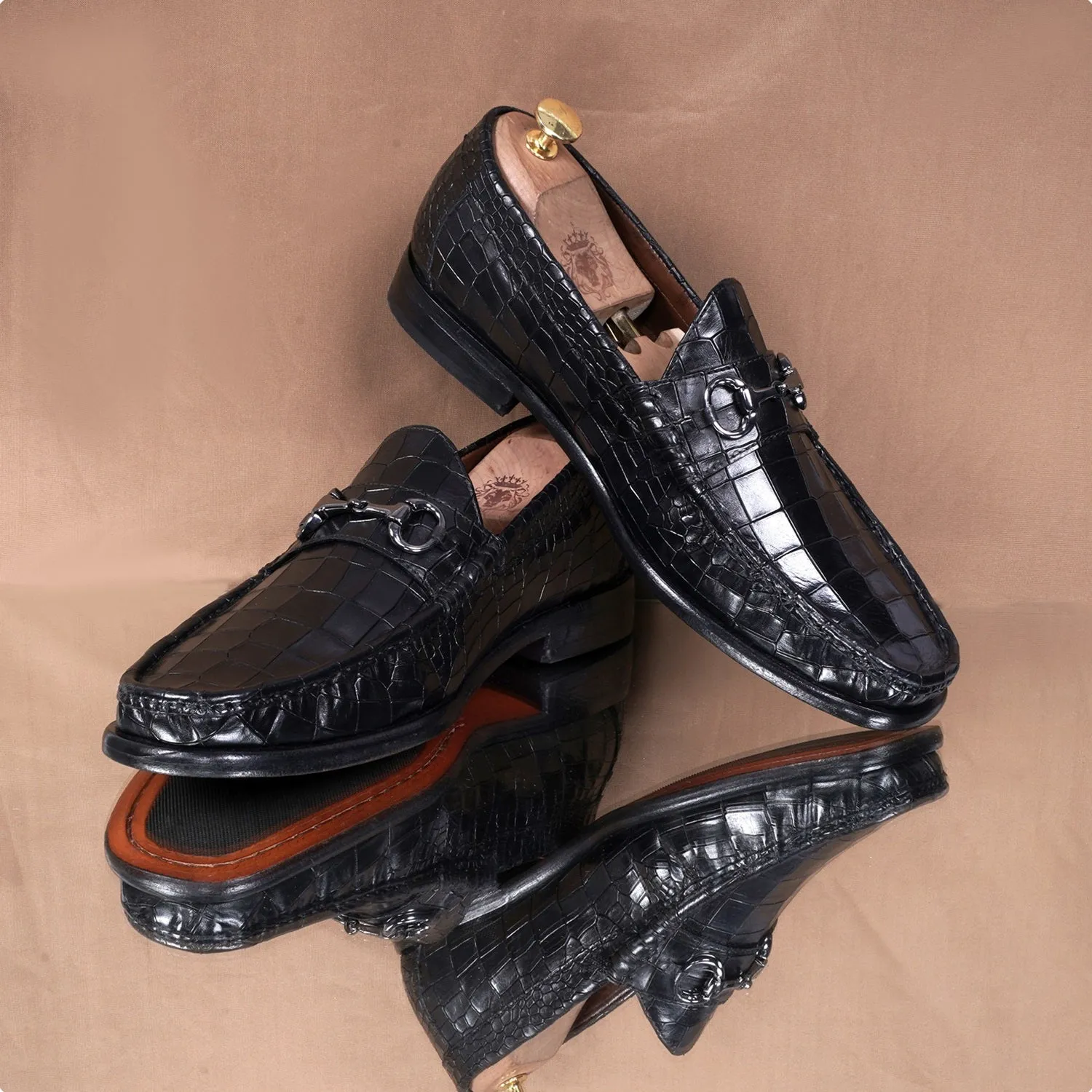 Black Croco Textured Leather Loafer With Horsebit Silver Detailing