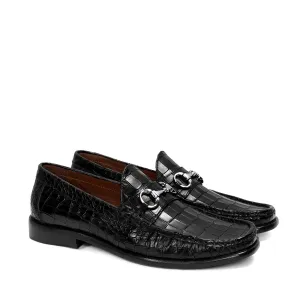 Black Croco Textured Leather Loafer With Horsebit Silver Detailing