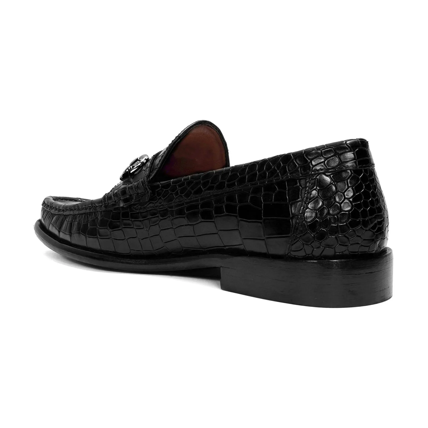 Black Croco Textured Leather Loafer With Horsebit Silver Detailing