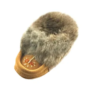 Children's Lined Rabbit Fur Indian Tan Beaded Moccasins