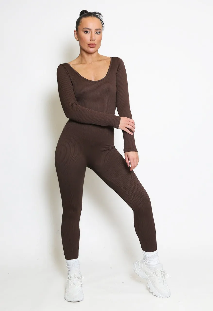 Chocolate Brown long sleeve ribbed unitard