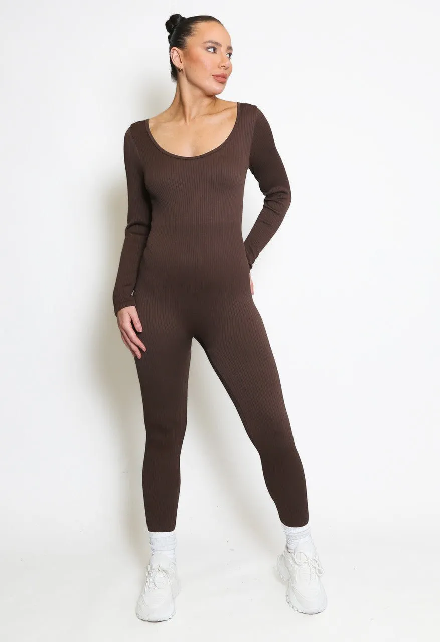 Chocolate Brown long sleeve ribbed unitard