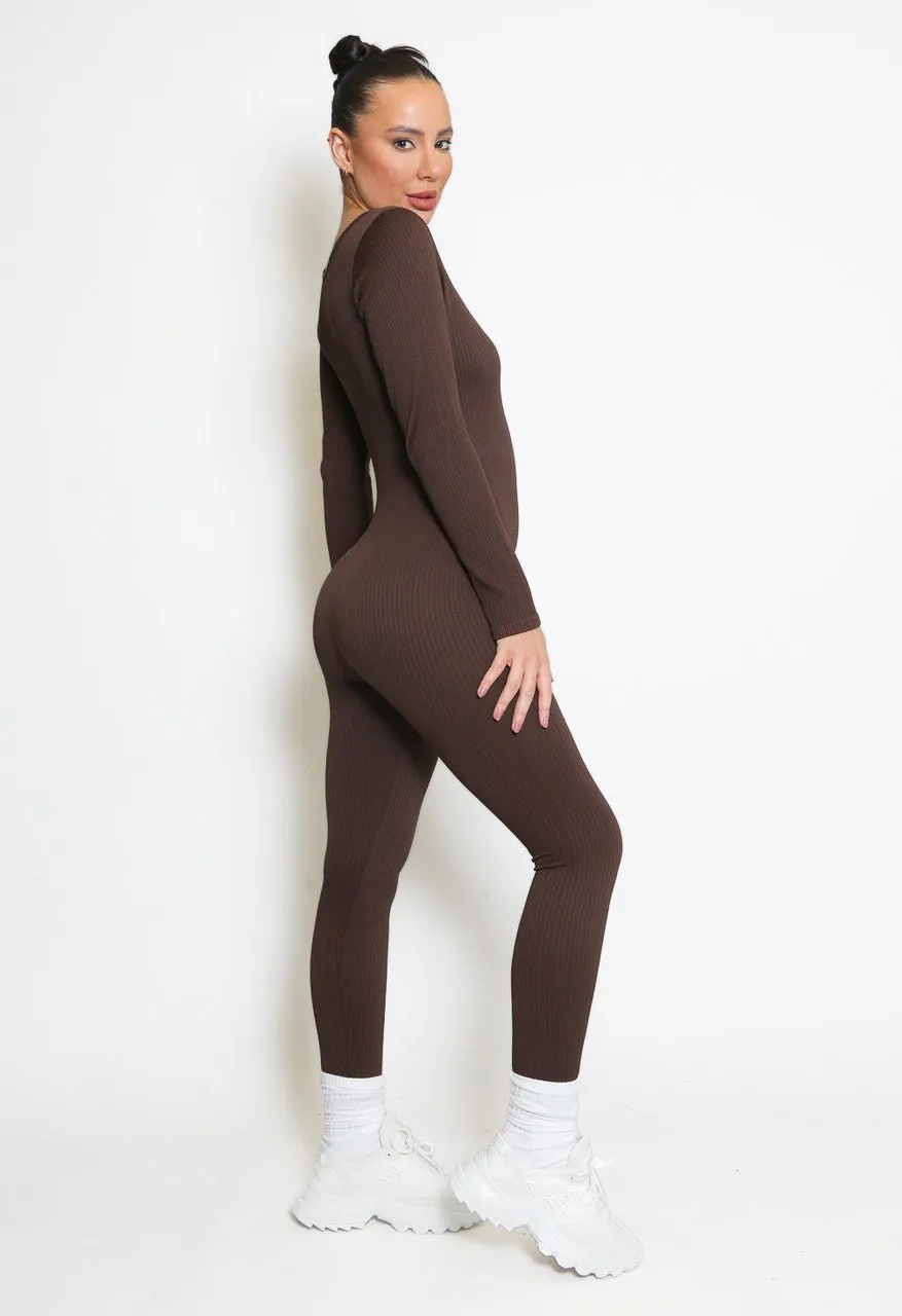 Chocolate Brown long sleeve ribbed unitard