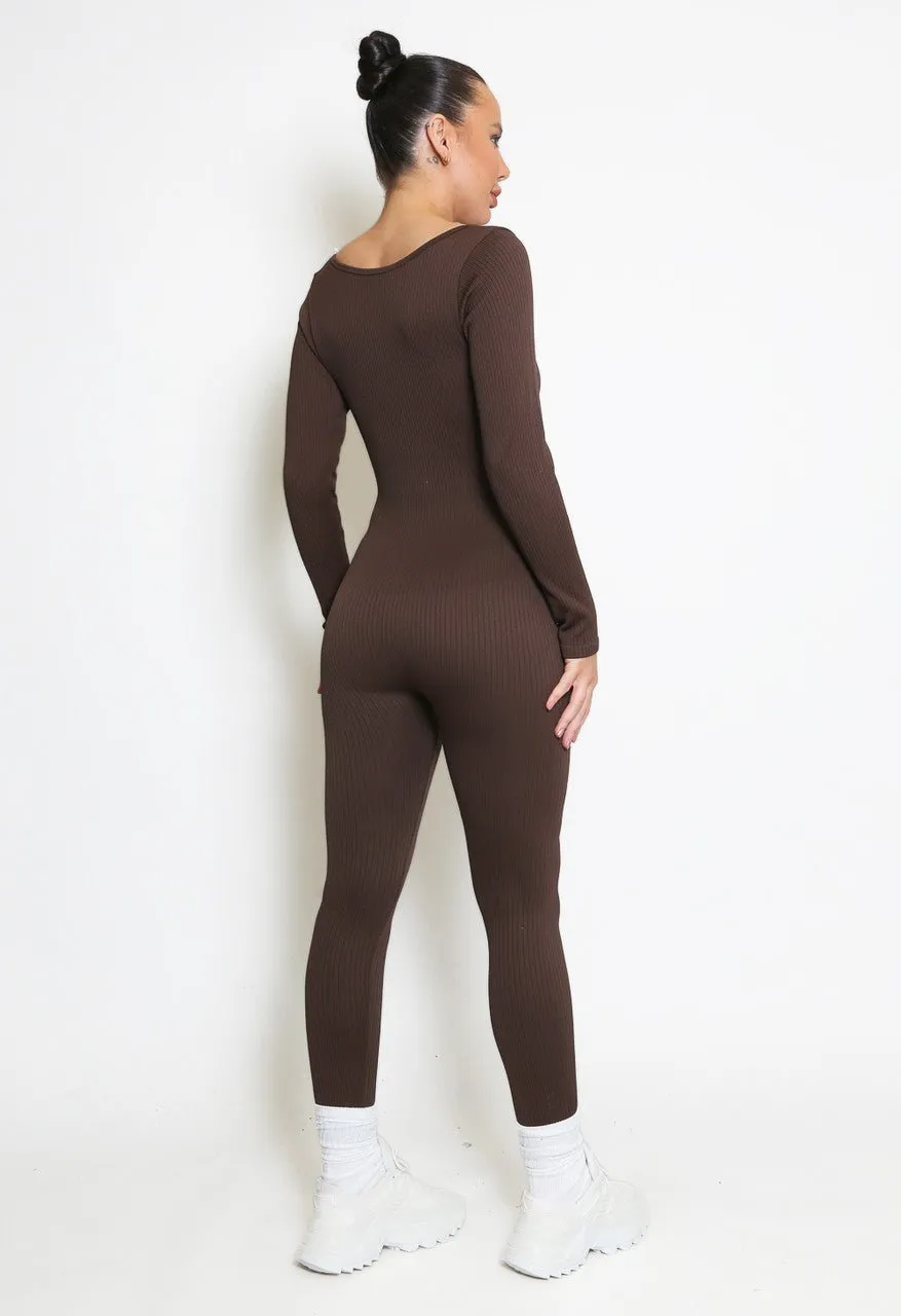 Chocolate Brown long sleeve ribbed unitard
