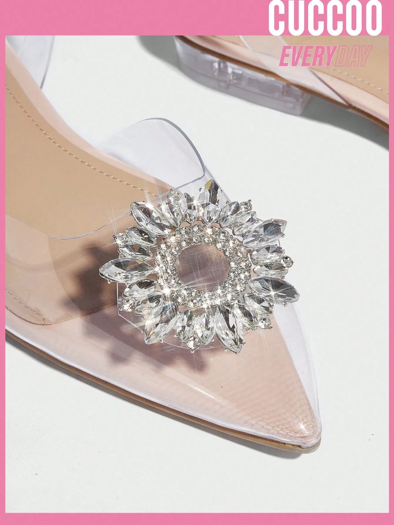 Cuccoo Everyday Collection Woman Shoes Rhinestone Decor Point Toe Glamorous PVC Slingback Beige Flats For Spring And Summer