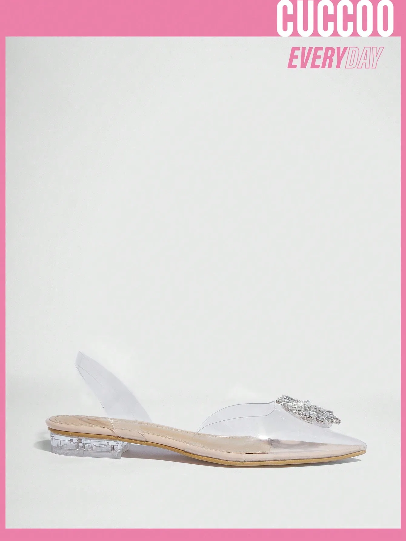 Cuccoo Everyday Collection Woman Shoes Rhinestone Decor Point Toe Glamorous PVC Slingback Beige Flats For Spring And Summer