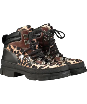 Ganni Brown Leopard-print Mixed-media Hiking Boots UK 5 EU 38 👠