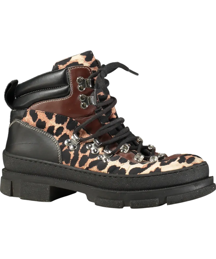 Ganni Brown Leopard-print Mixed-media Hiking Boots UK 5 EU 38 👠
