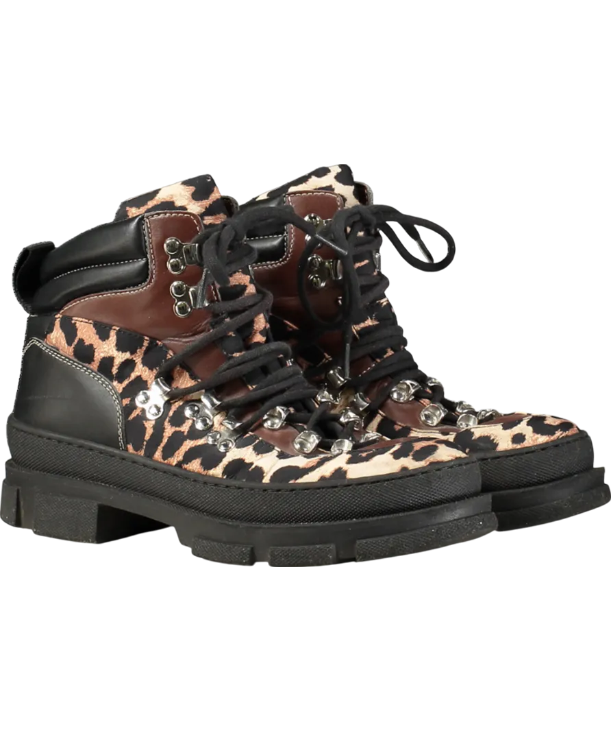 Ganni Brown Leopard-print Mixed-media Hiking Boots UK 5 EU 38 👠
