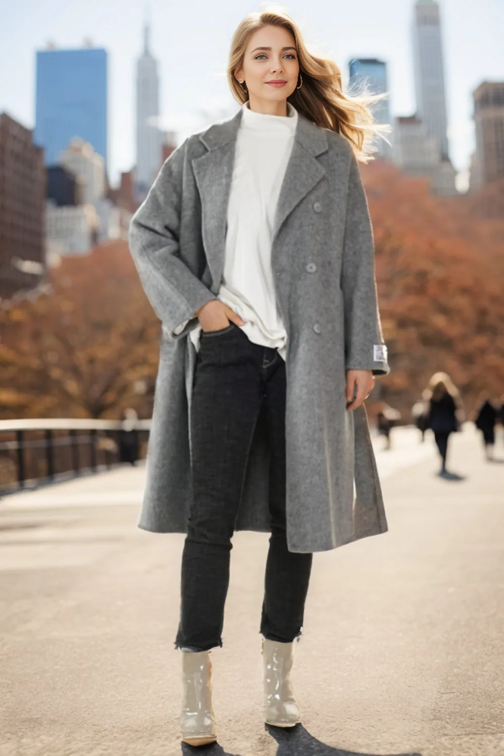 Grey Double Breasted Long Wool Blend Coat with Belt