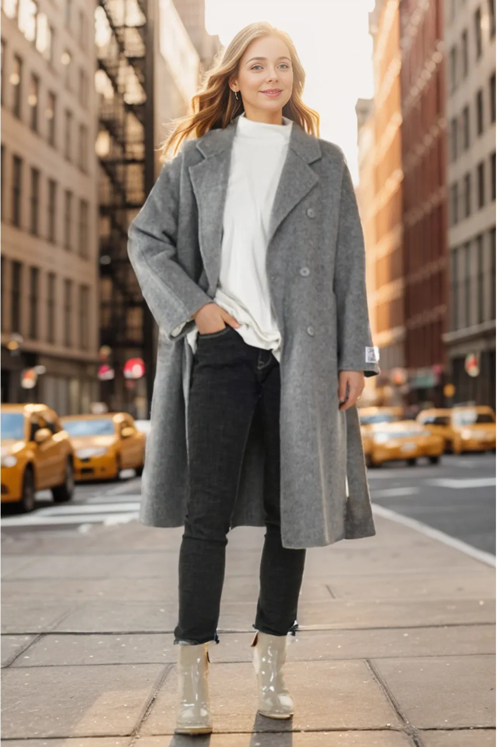 Grey Double Breasted Long Wool Blend Coat with Belt