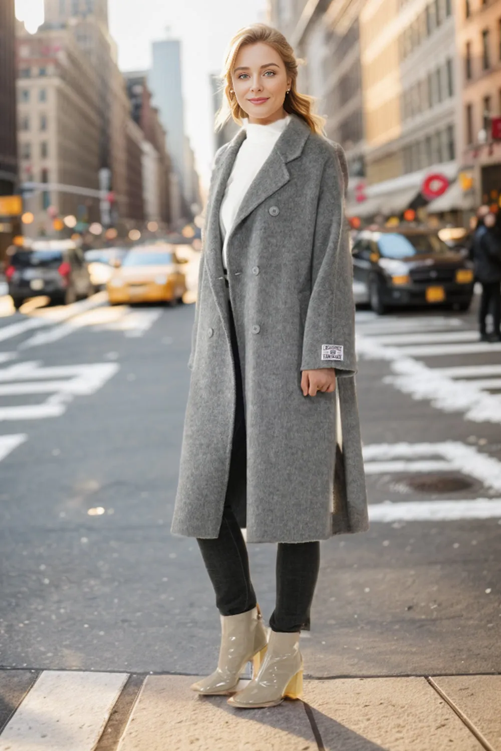 Grey Double Breasted Long Wool Blend Coat with Belt