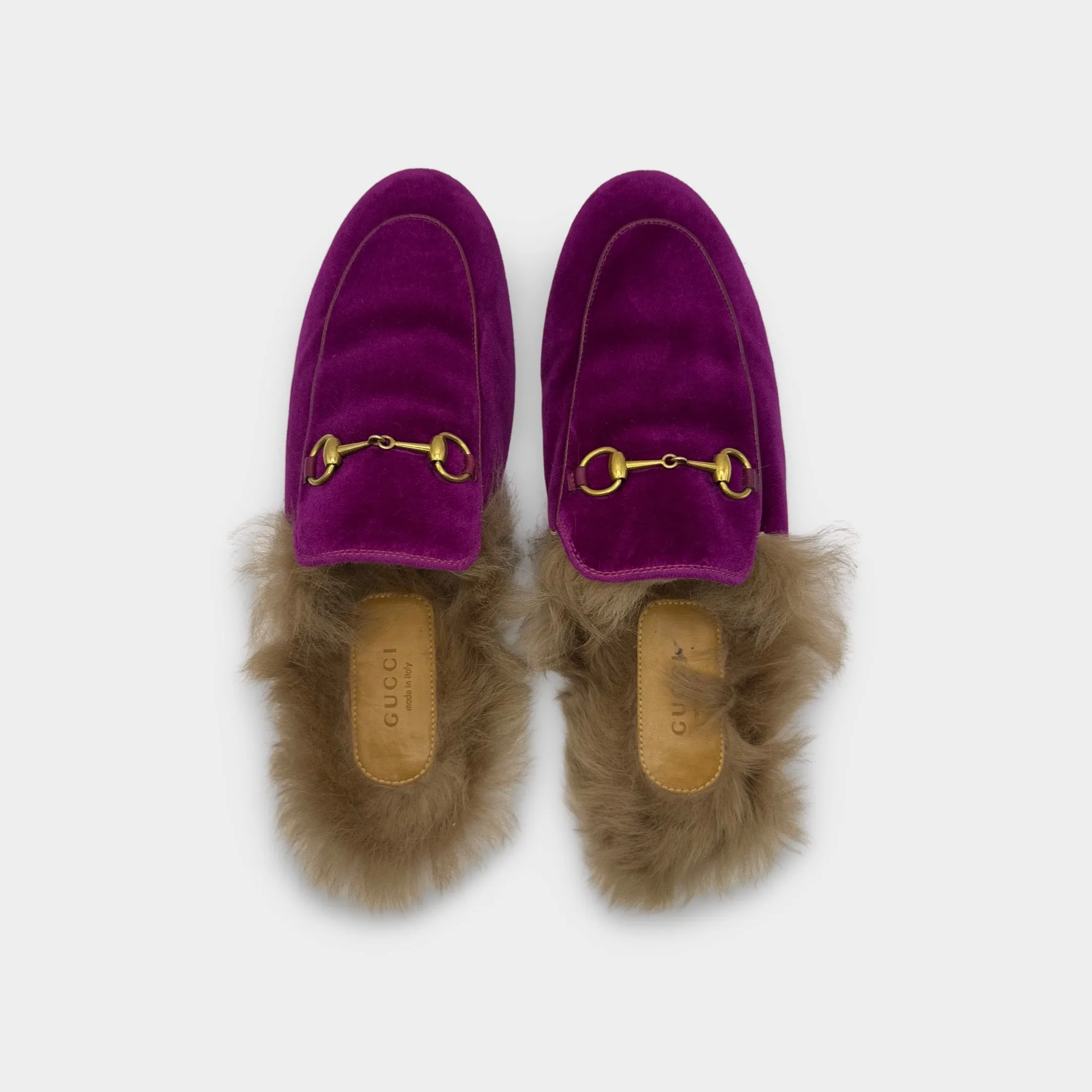 Gucci Women's Fuchsia Velvet Fur Womens Princetown Slippers