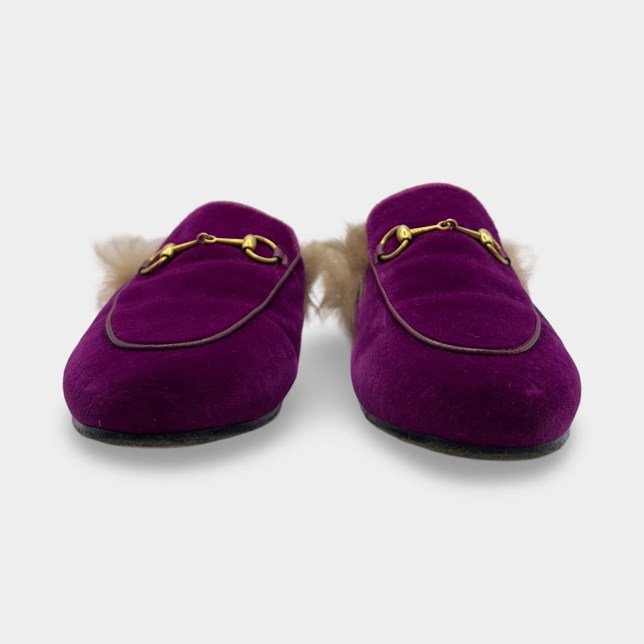 Gucci Women's Fuchsia Velvet Fur Womens Princetown Slippers