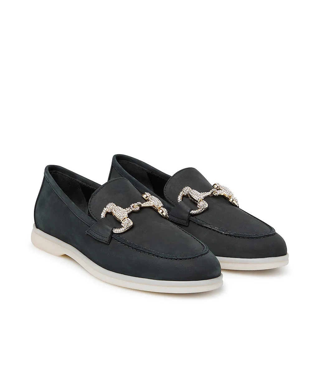 Jewel-buckle charcoal black  leather loafers