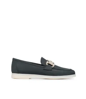 Jewel-buckle charcoal black  leather loafers