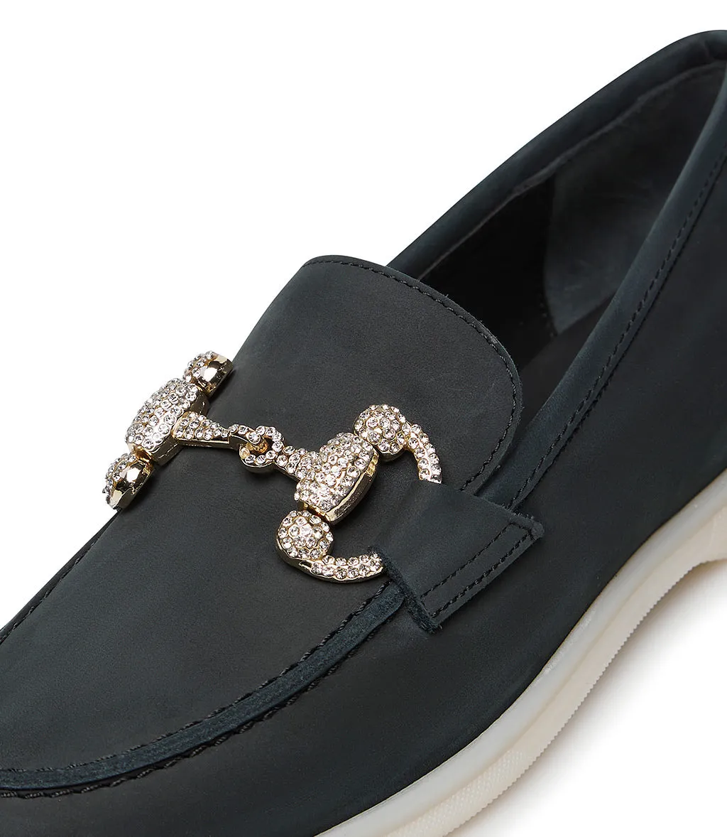 Jewel-buckle charcoal black  leather loafers