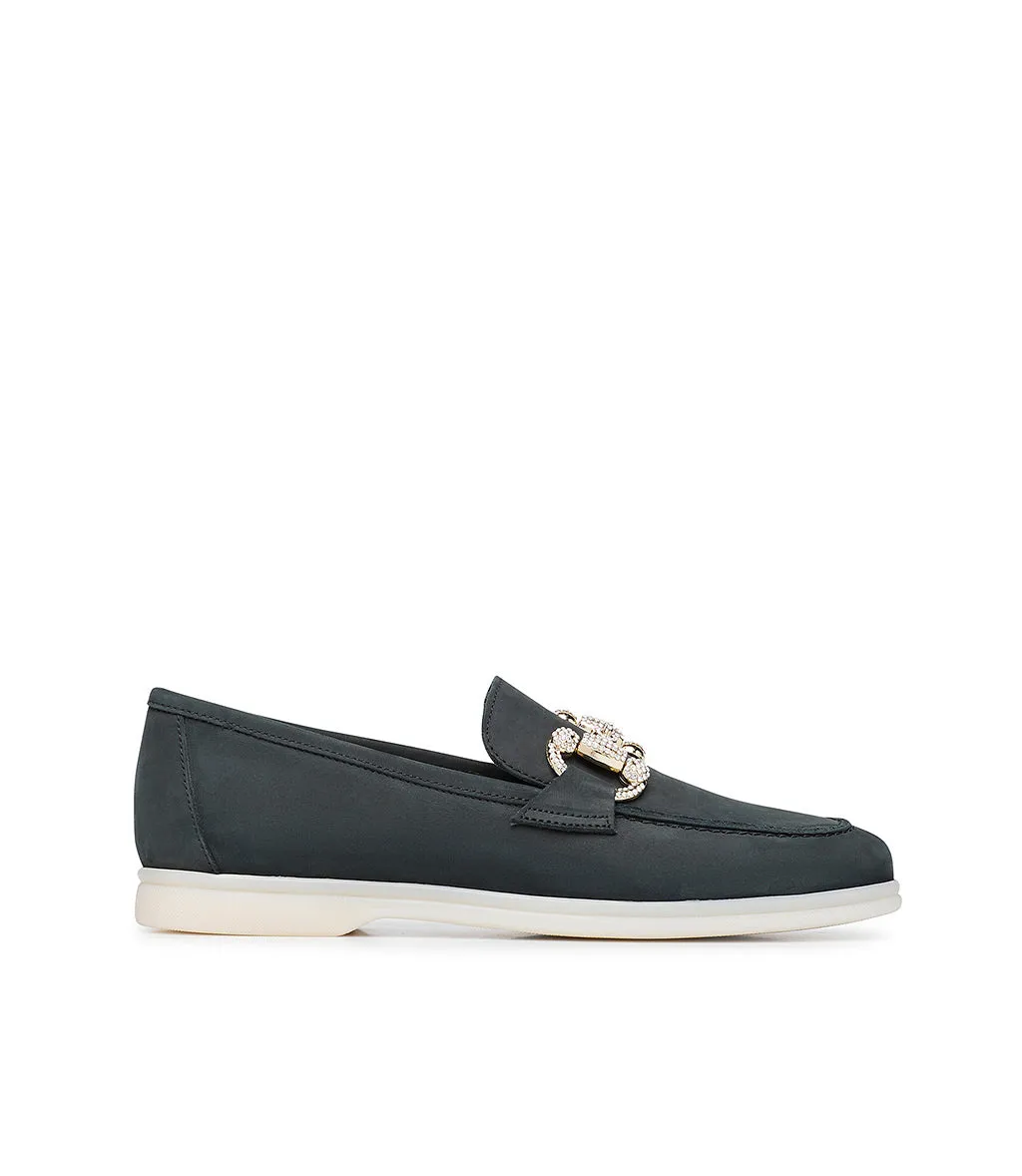Jewel-buckle charcoal black  leather loafers