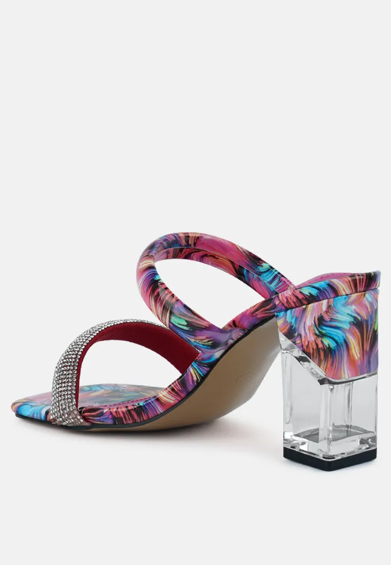 krypton marble print clear block heel sandals