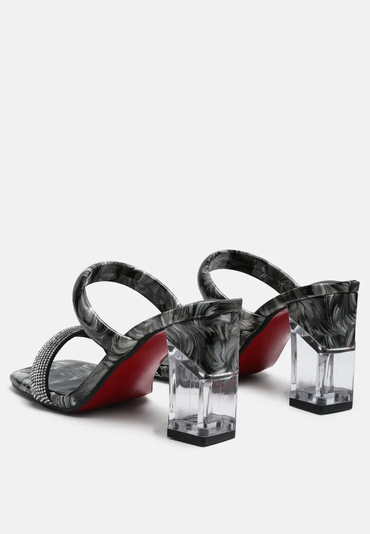 krypton marble print clear block heel sandals