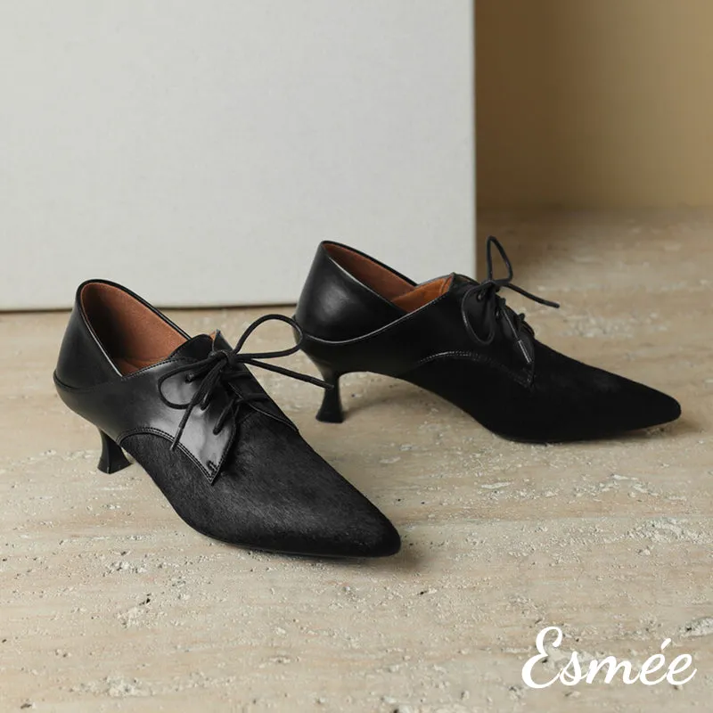 Leather High Heel Oxford Shoes with Horsehair Pointy Toe Design