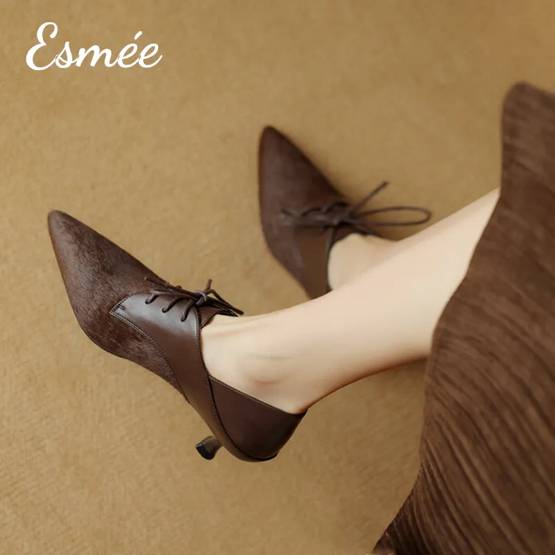 Leather High Heel Oxford Shoes with Horsehair Pointy Toe Design