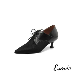 Leather High Heel Oxford Shoes with Horsehair Pointy Toe Design