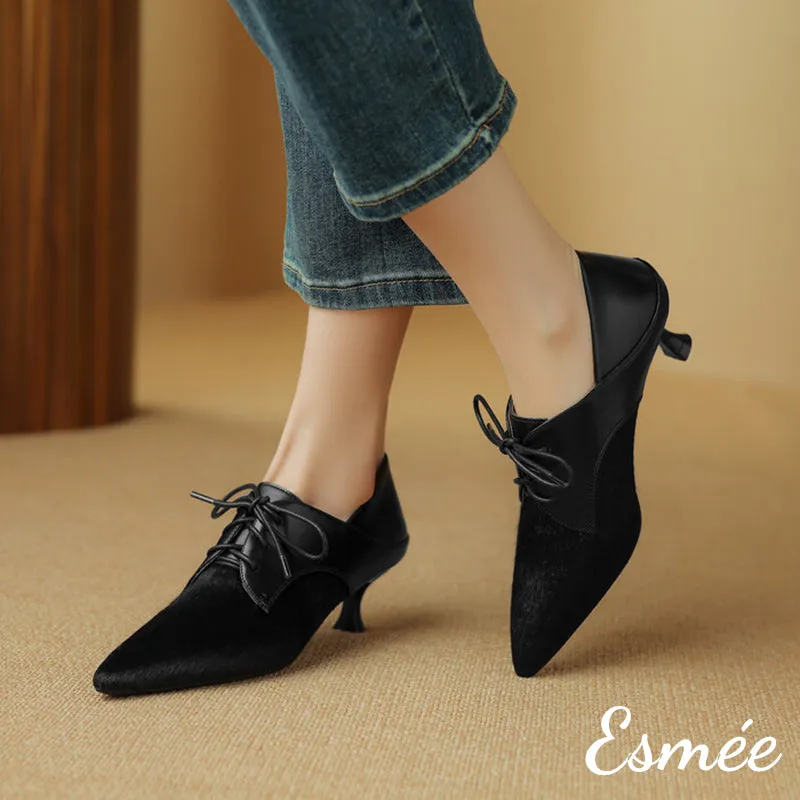 Leather High Heel Oxford Shoes with Horsehair Pointy Toe Design