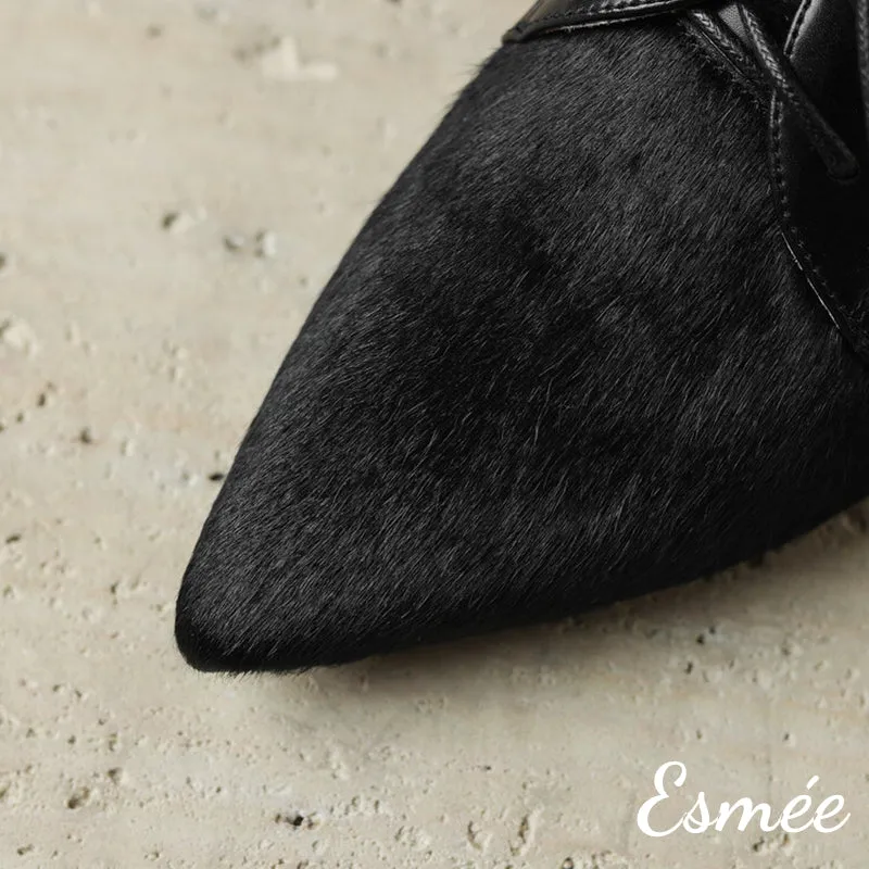Leather High Heel Oxford Shoes with Horsehair Pointy Toe Design