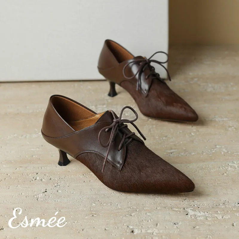 Leather High Heel Oxford Shoes with Horsehair Pointy Toe Design