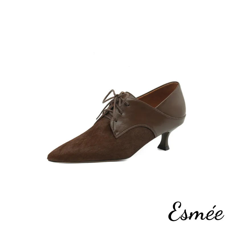 Leather High Heel Oxford Shoes with Horsehair Pointy Toe Design