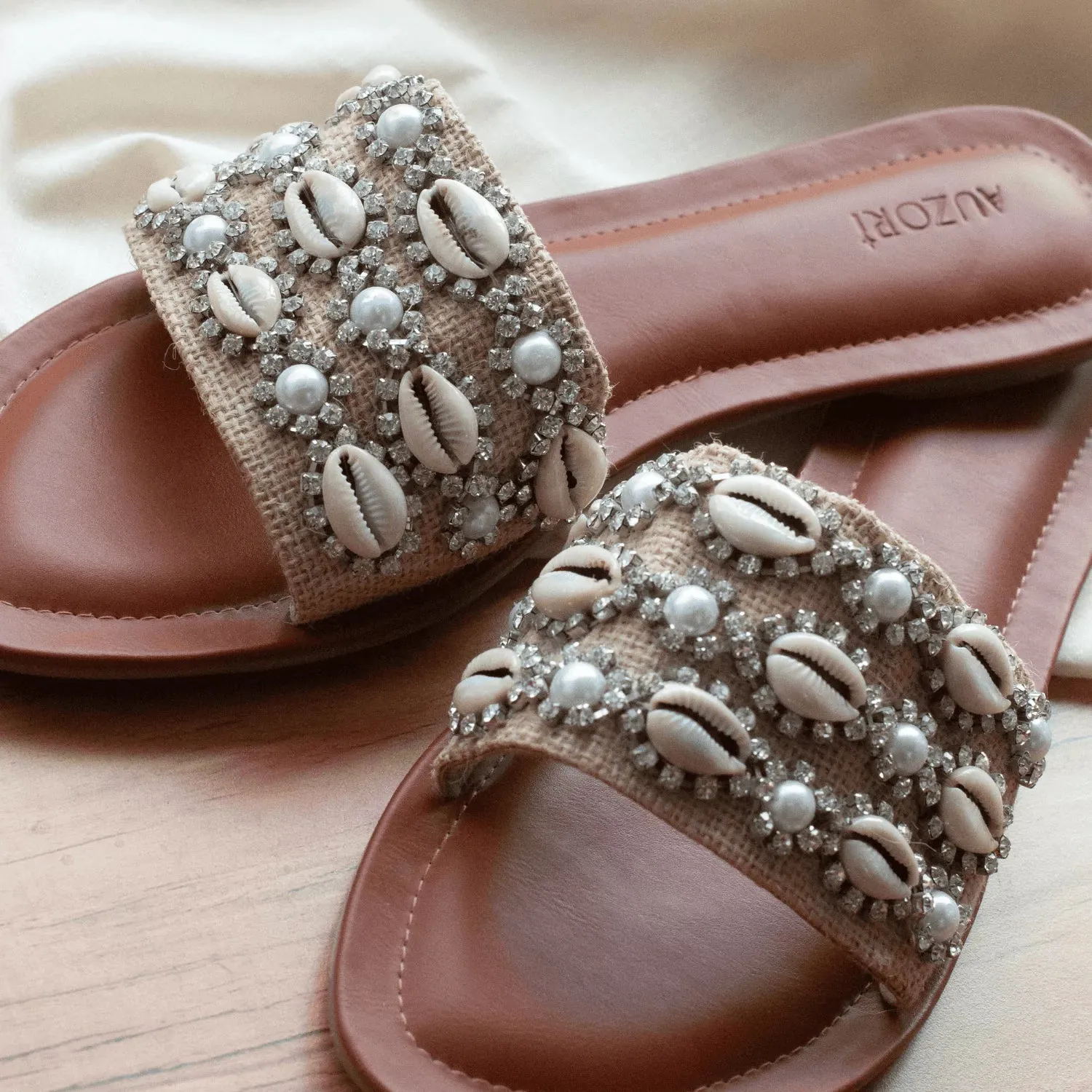 Shell Embellished Jute Flats