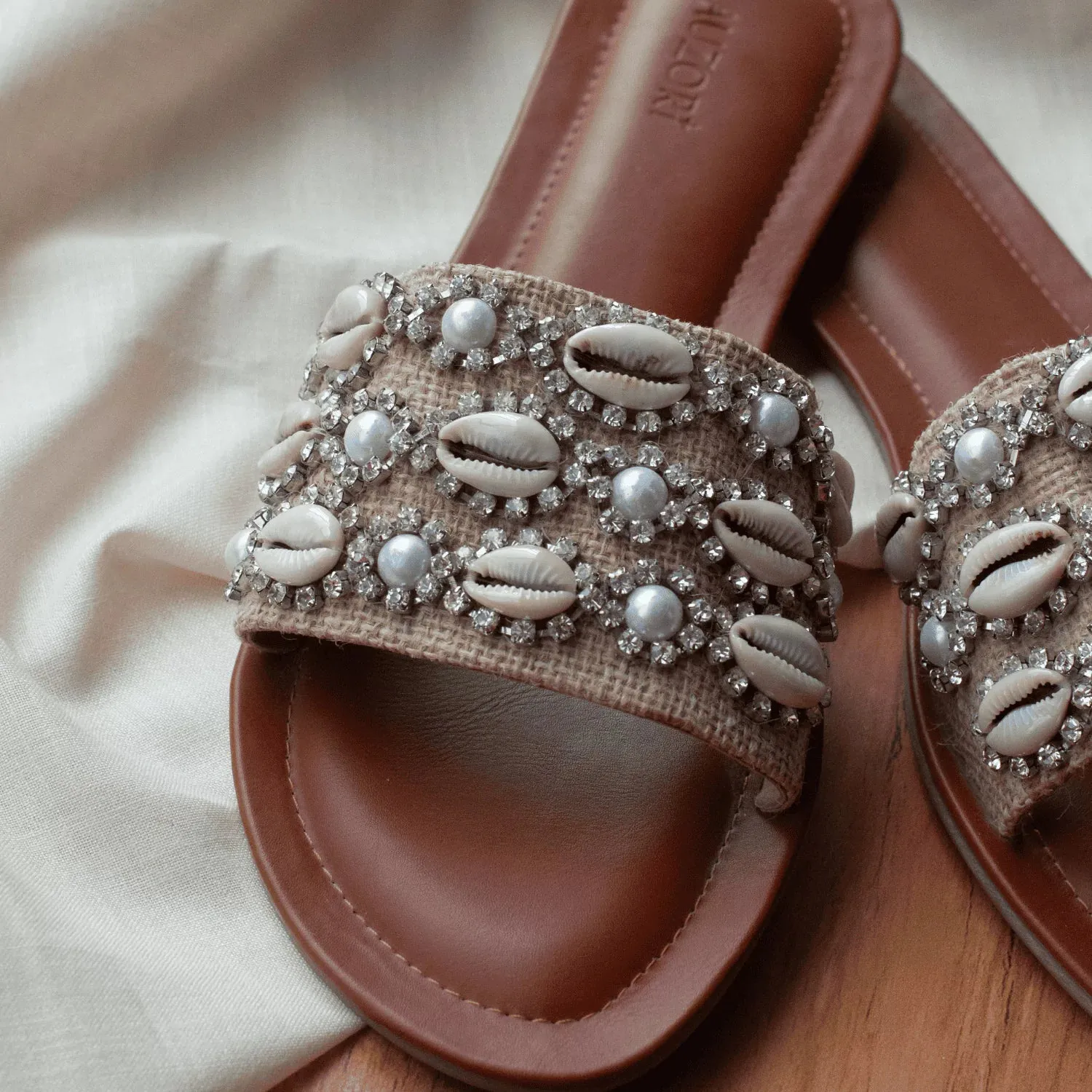 Shell Embellished Jute Flats