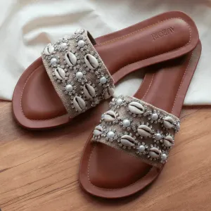 Shell Embellished Jute Flats