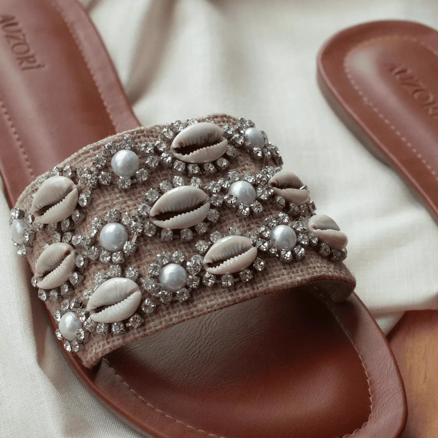 Shell Embellished Jute Flats