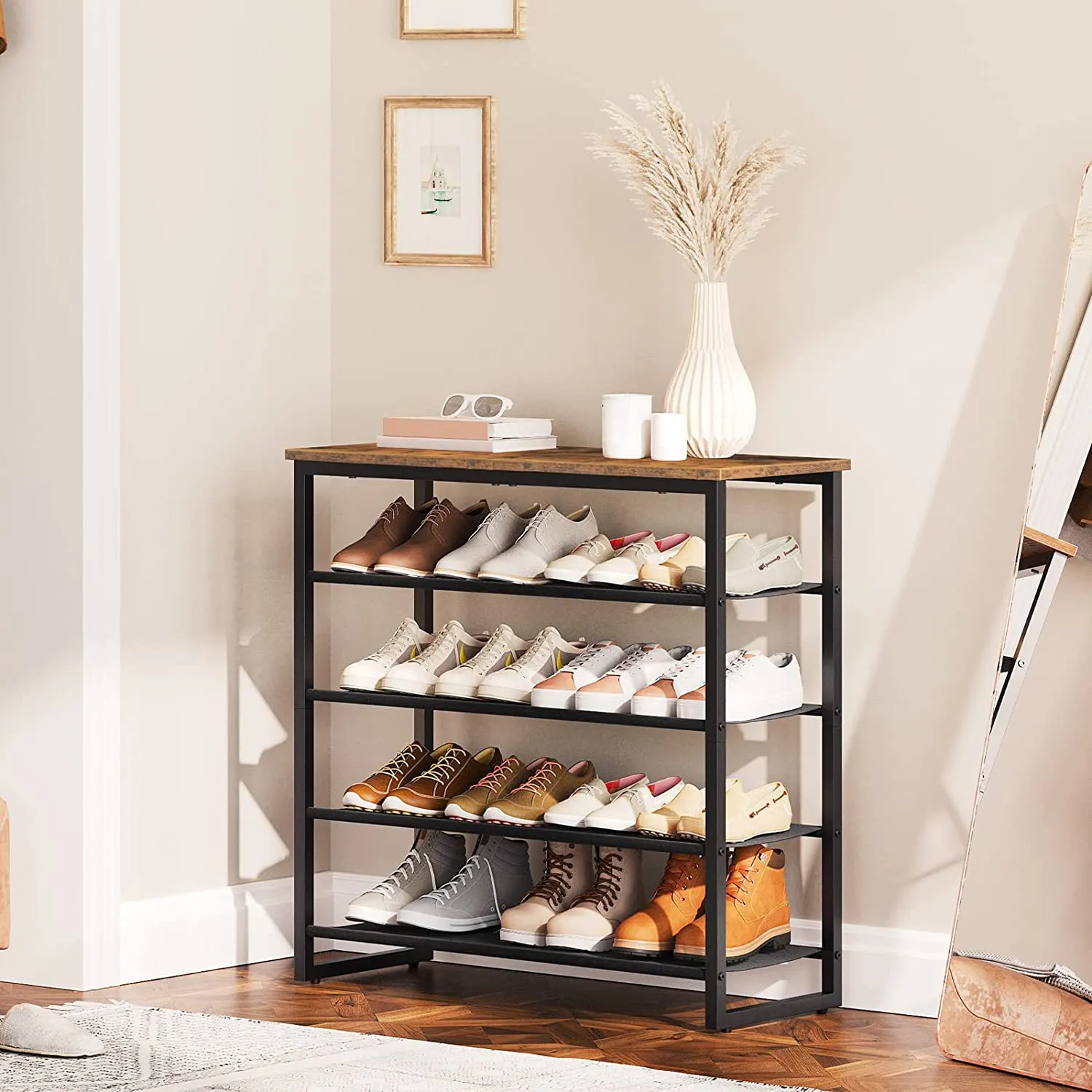 Shoe Rack, 5 Tier Shoe Storage Organizer, Shoe Shelf with 4 Fabric Shelves and Top Panel