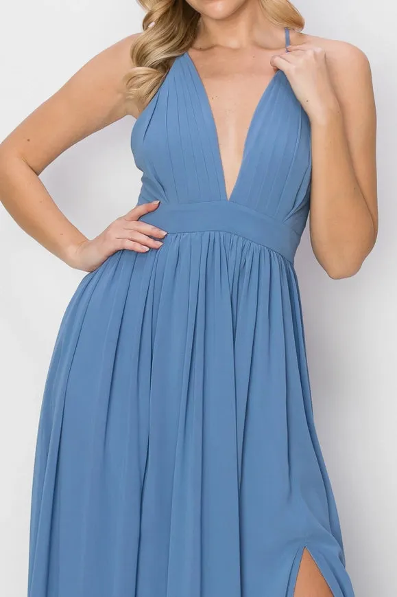 SLEEVELESS Double Strap Slit Maxi Dress BLUE