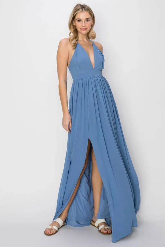 SLEEVELESS Double Strap Slit Maxi Dress BLUE