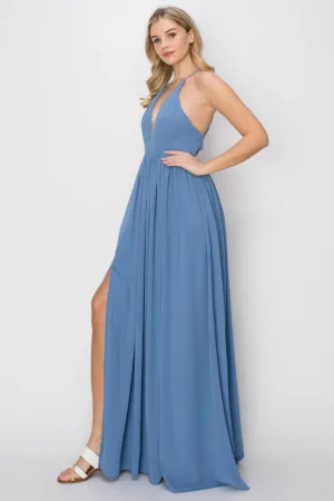 SLEEVELESS Double Strap Slit Maxi Dress BLUE