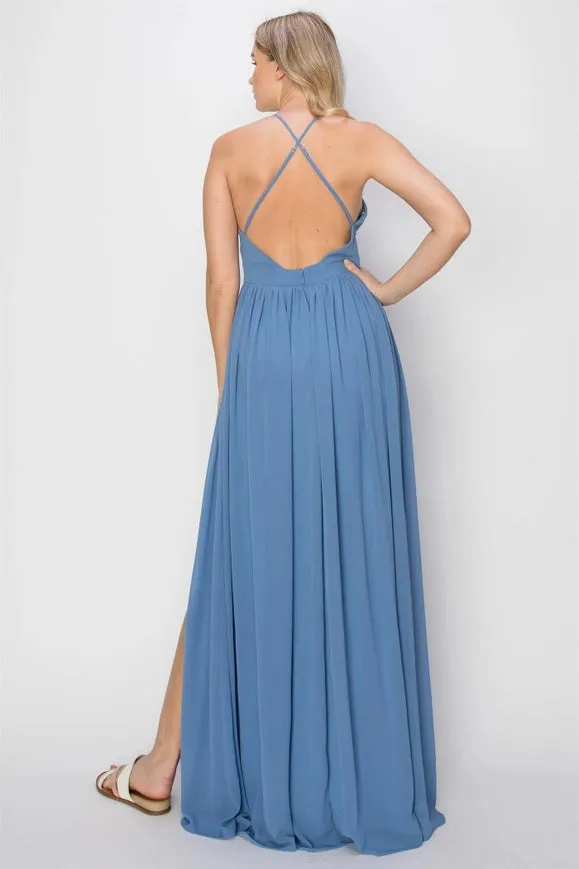 SLEEVELESS Double Strap Slit Maxi Dress BLUE
