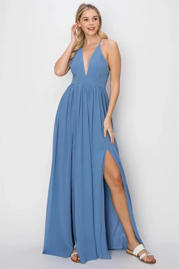 SLEEVELESS Double Strap Slit Maxi Dress BLUE