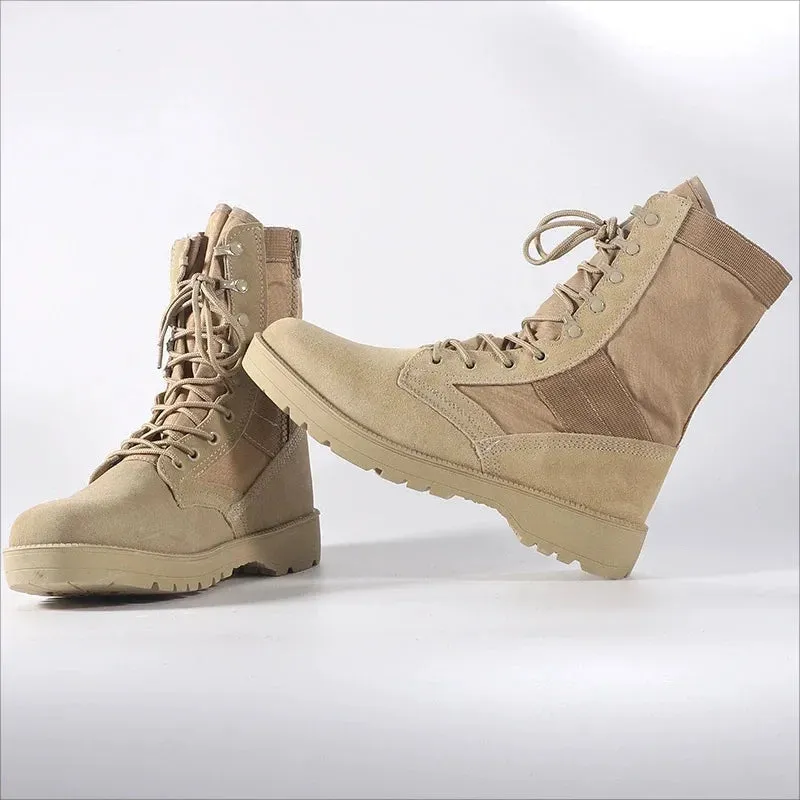 Tactical Cowhide Desert Boots for Men - Lightweight Outdoor Combat Hiking Shoes with Ankle Strap