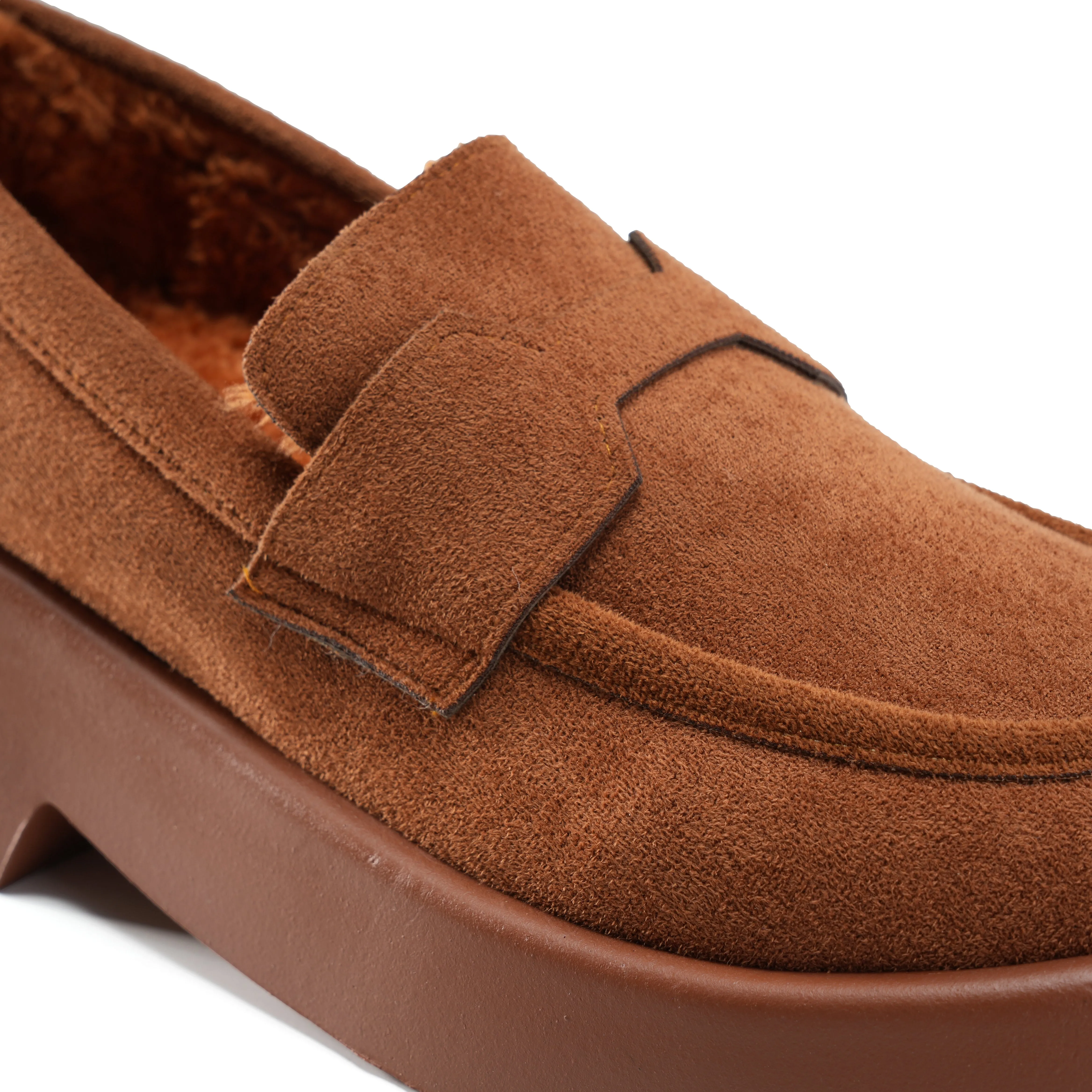 Tan Suede Platform Loafers with Fleece Lining - Camel