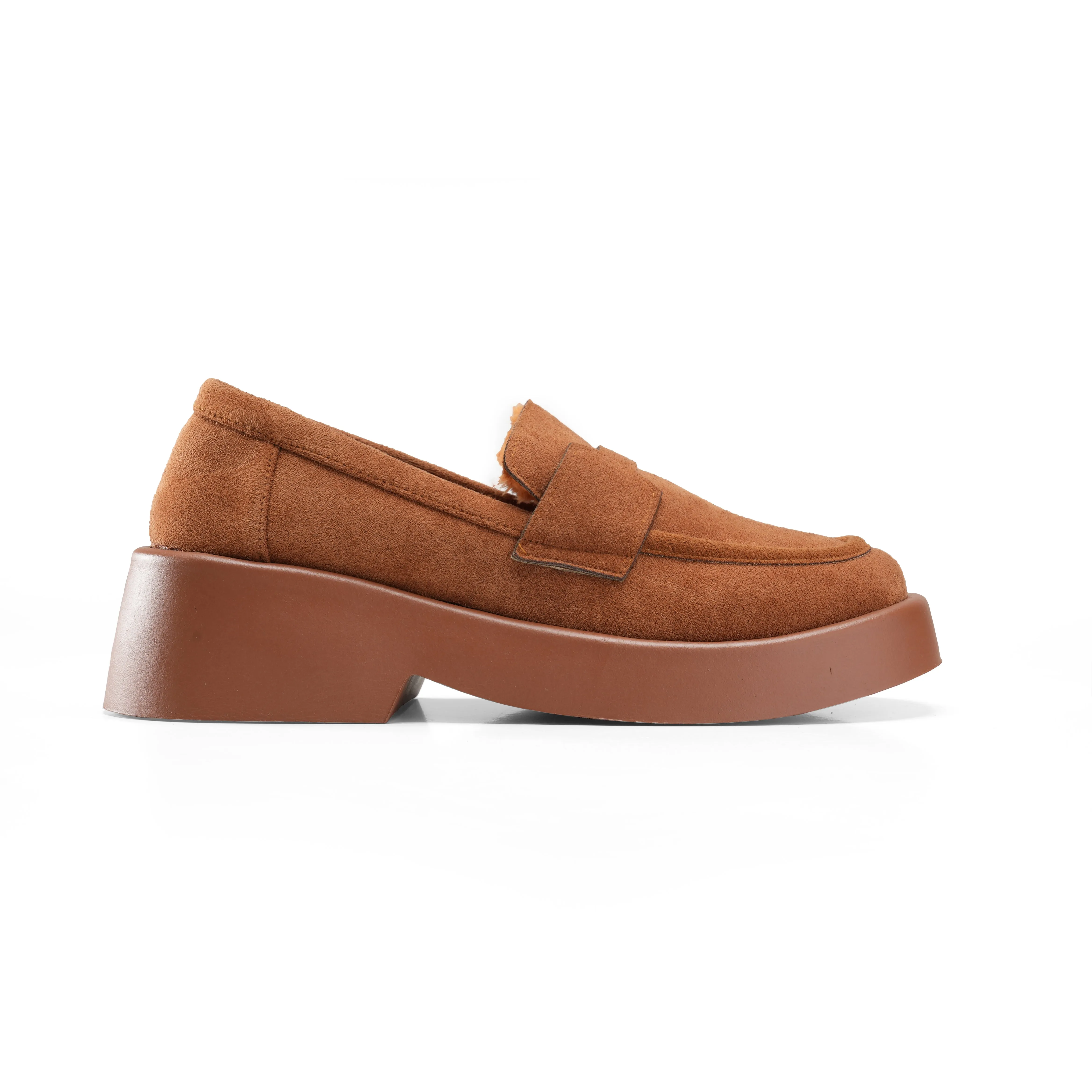 Tan Suede Platform Loafers with Fleece Lining - Camel